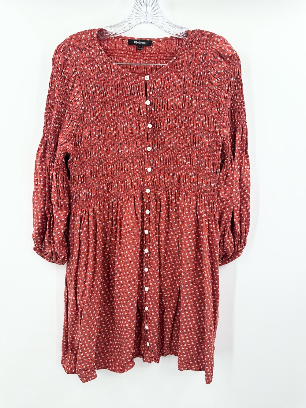 Madewell Easy Smocked Long Sleeve Mini Shift Dress Tiny Daisy Size Small - Picture 2 of 5